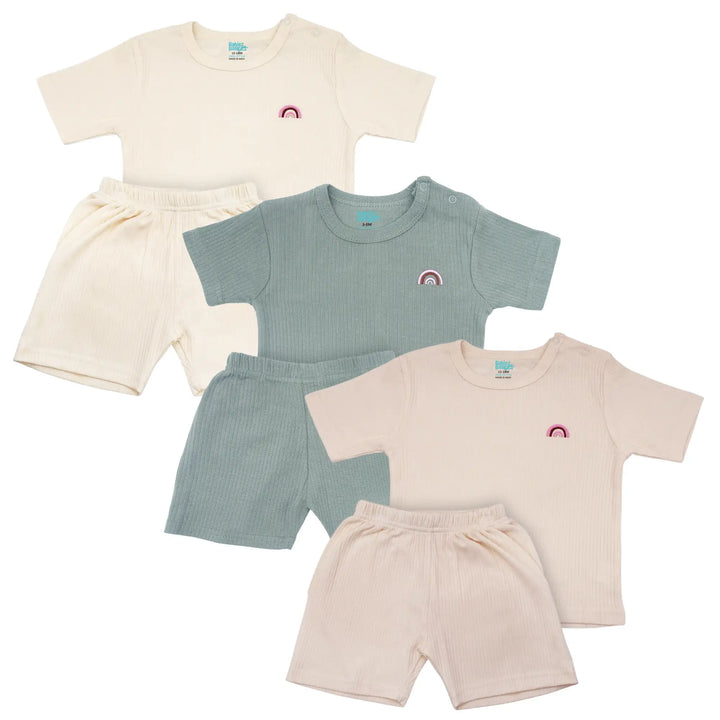 Babies Basic Ribbed Cotton Short Sleeves T-shirt and Plain Shorts Set - Pack of 3