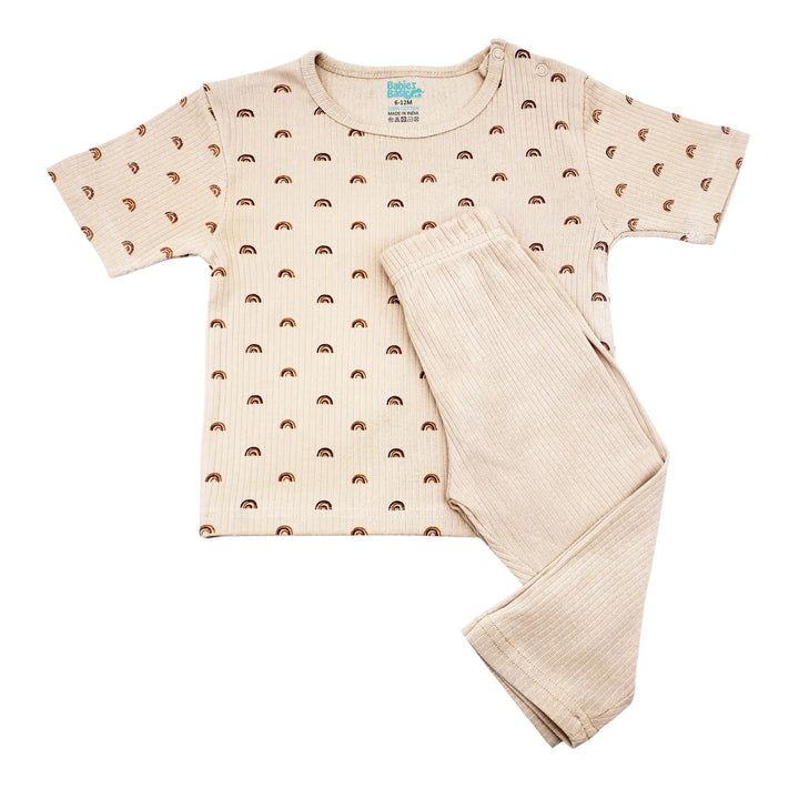 Babies Basic Ribbed Cotton Printed Short Sleeves T-shirt and Pyjama Set