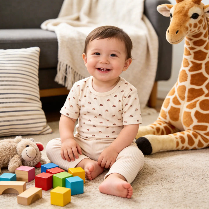 Babies Basic Ribbed Cotton Printed Short Sleeves T-shirt and Pyjama Set