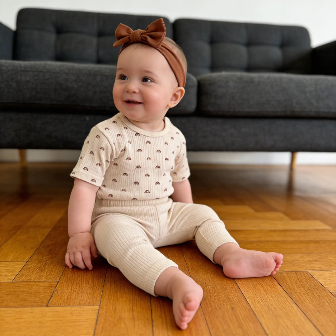 Babies Basic Ribbed Cotton Printed Short Sleeves T-shirt and Pyjama Set