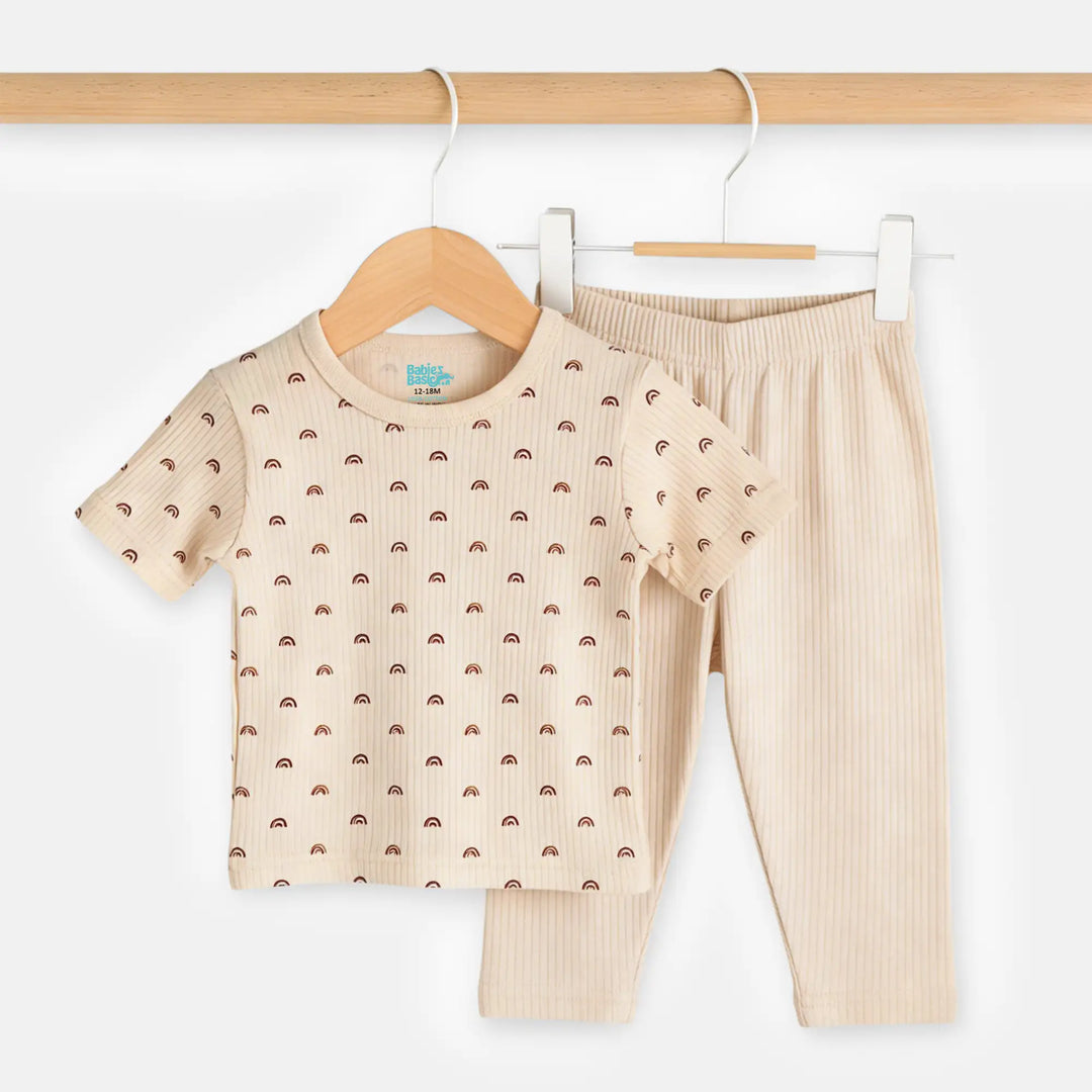 Babies Basic Ribbed Cotton Printed Short Sleeves T-shirt and Pyjama Set