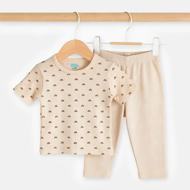 Babies Basic Ribbed Cotton Printed Short Sleeves T-shirt and Pyjama Set