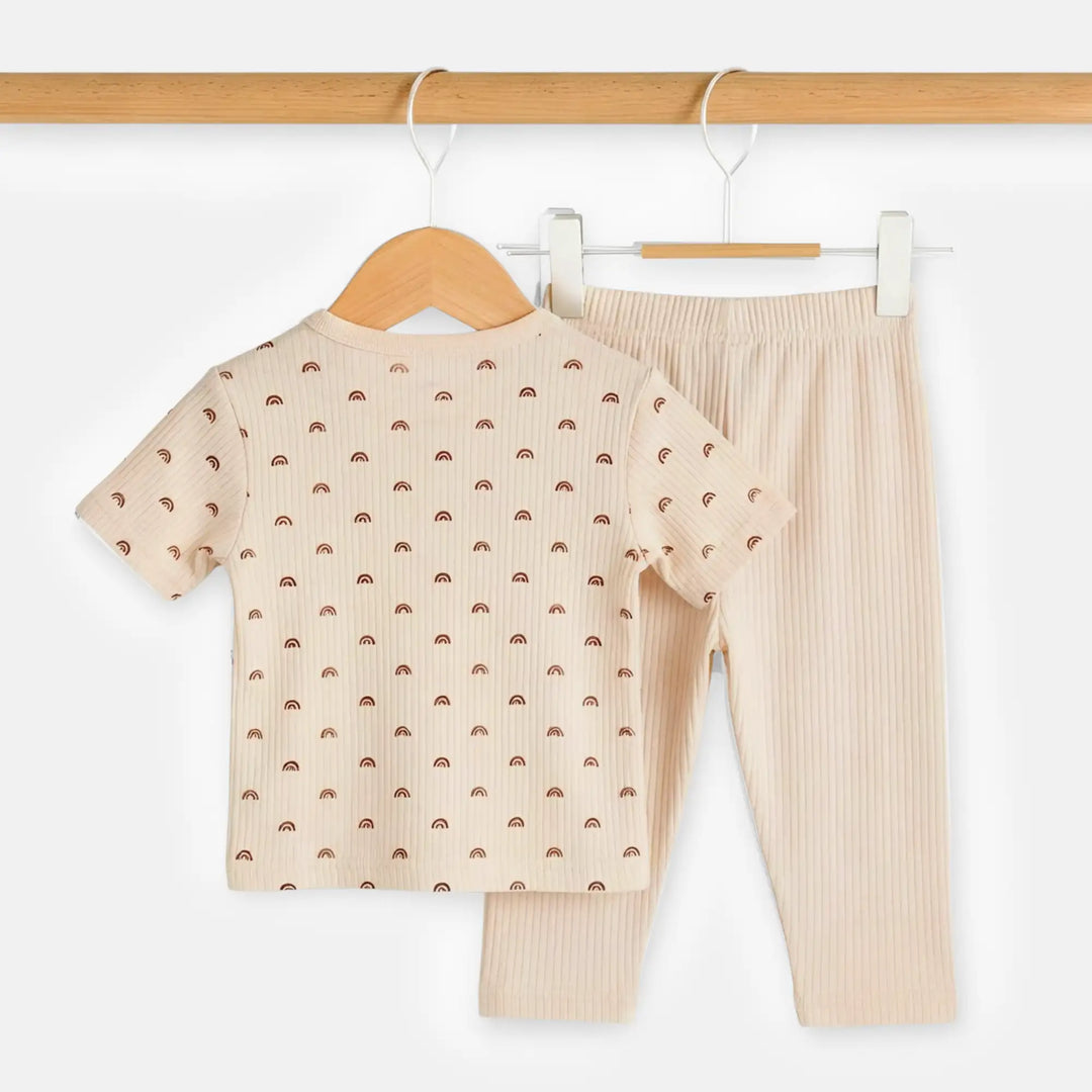 Babies Basic Ribbed Cotton Printed Short Sleeves T-shirt and Pyjama Set