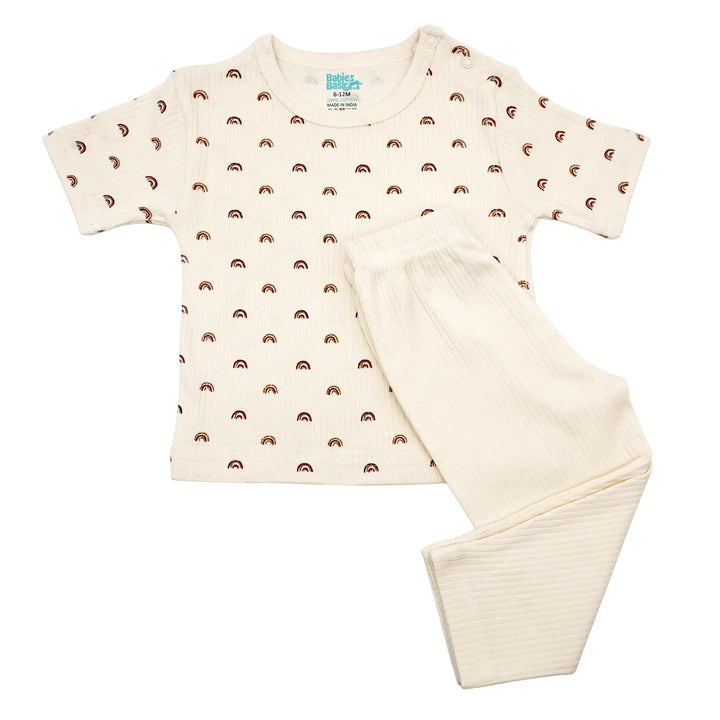 Babies Basic Ribbed Cotton Printed Short Sleeves T-shirt and Pyjama Set