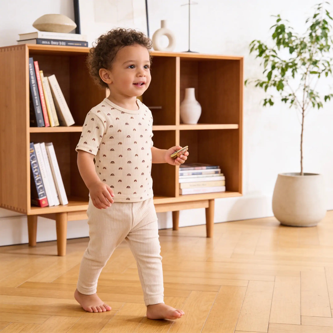Babies Basic Ribbed Cotton Printed Short Sleeves T-shirt and Pyjama Set