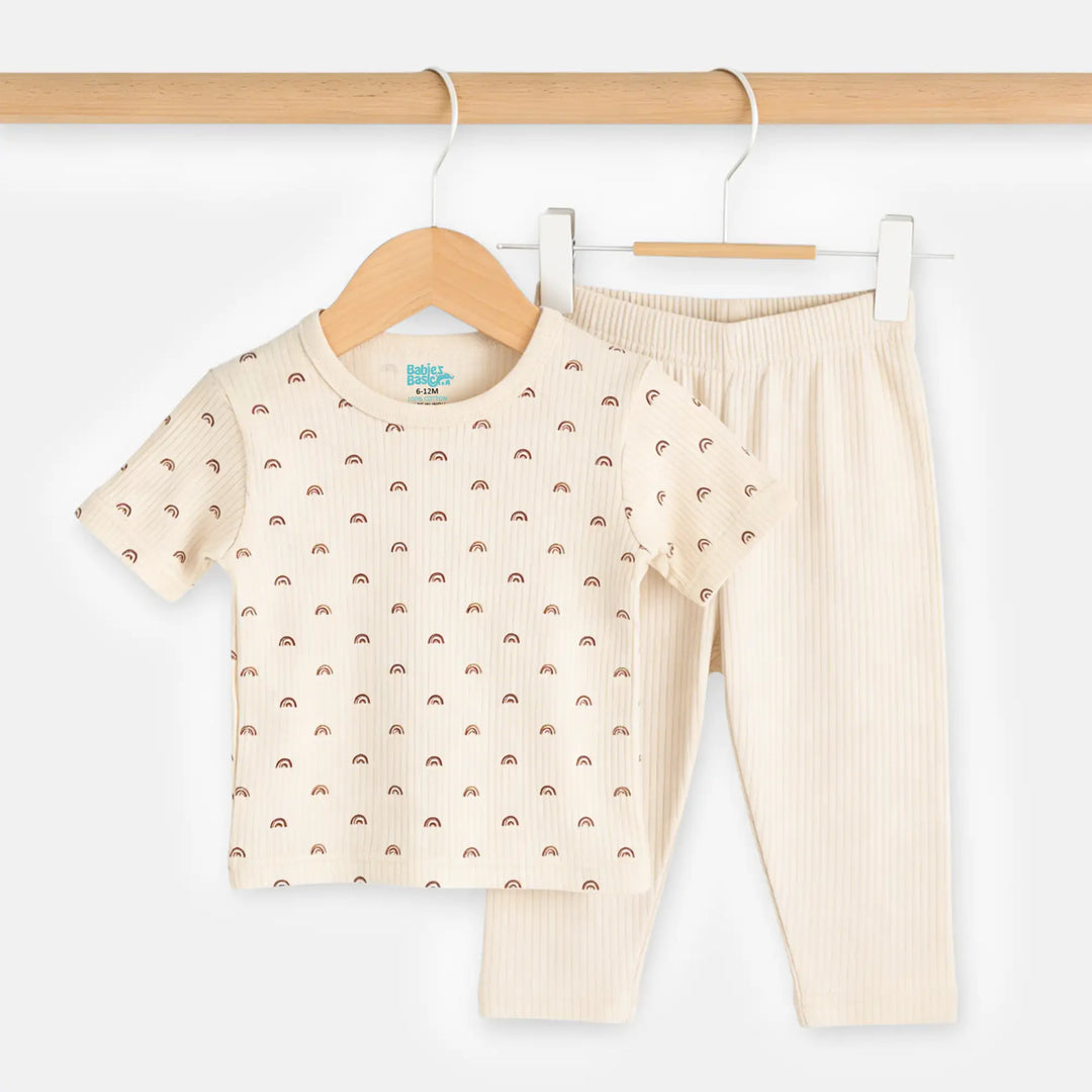 Babies Basic Ribbed Cotton Printed Short Sleeves T-shirt and Pyjama Set