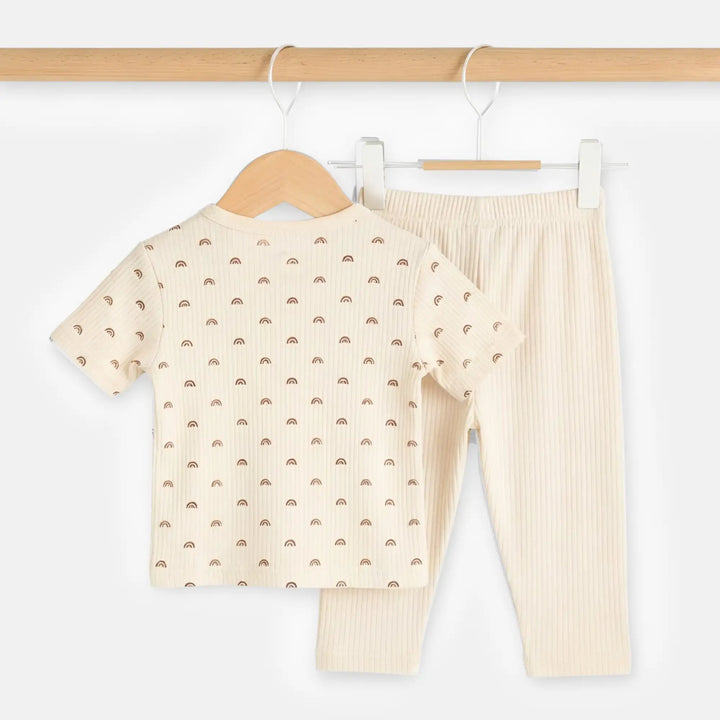 Babies Basic Ribbed Cotton Printed Short Sleeves T-shirt and Pyjama Set