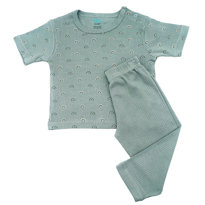Babies Basic Ribbed Cotton Printed Short Sleeves T-shirt and Pyjama Set