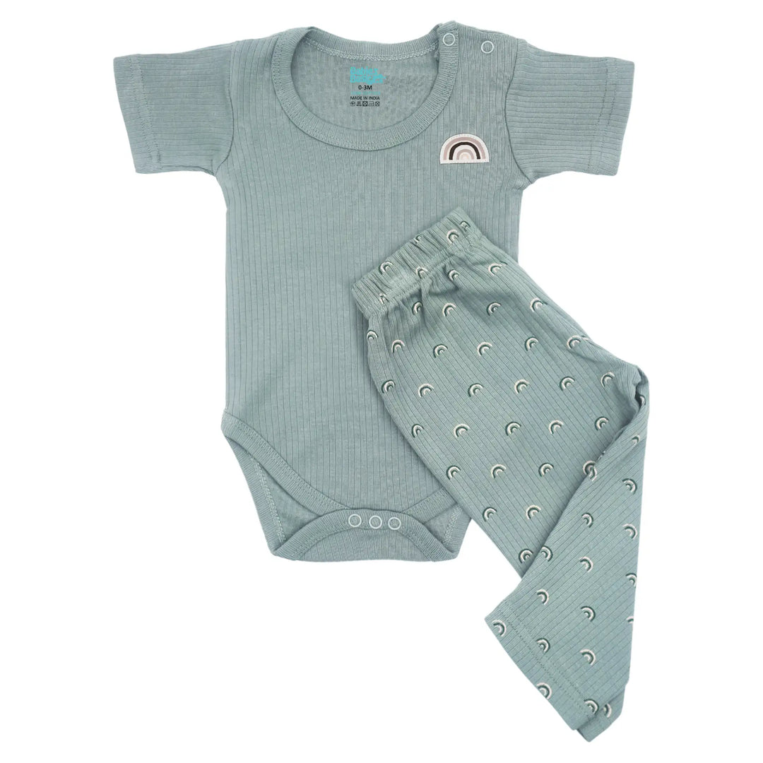 Babies Basic Ribbed Cotton Printed Short Sleeves T-shirt / Romper and Pyjama Set