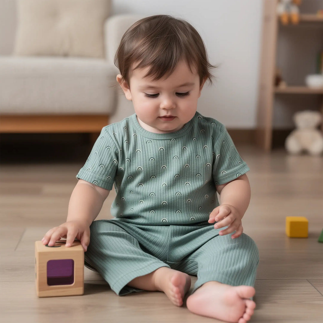 Babies Basic Ribbed Cotton Printed Short Sleeves T-shirt and Pyjama Set