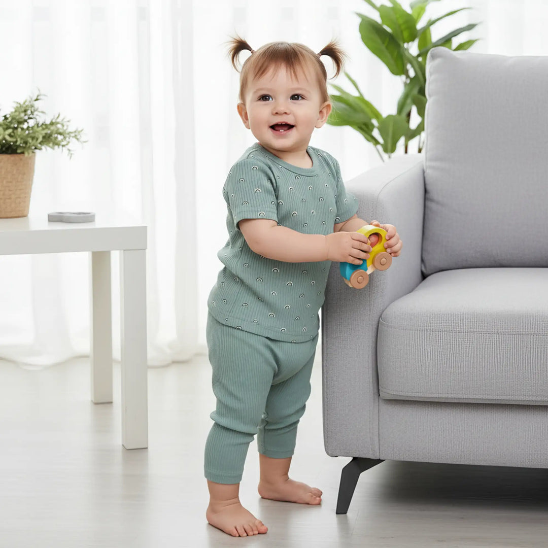 Babies Basic Ribbed Cotton Printed Short Sleeves T-shirt and Pyjama Set