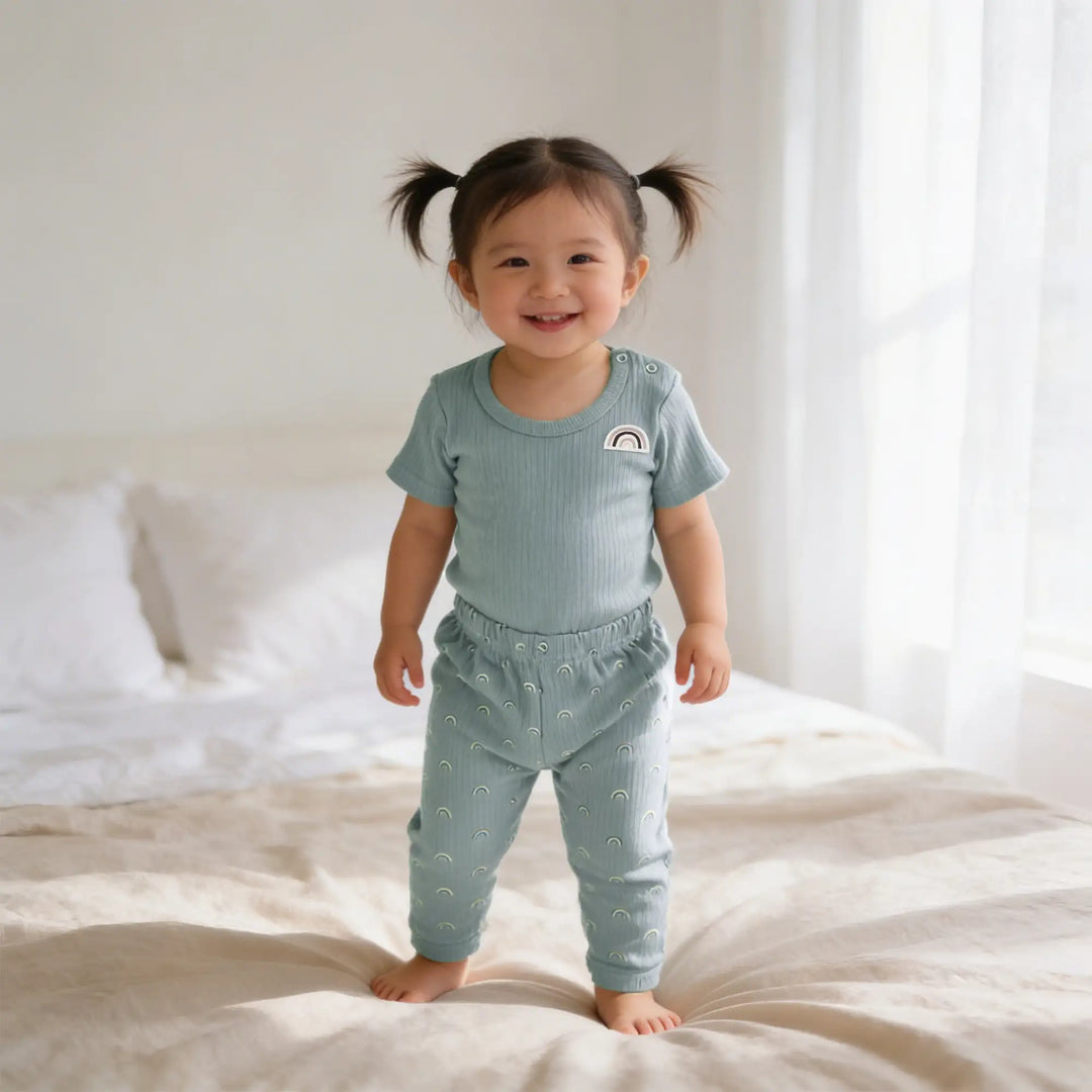 Babies Basic Ribbed Cotton Printed Short Sleeves T-shirt / Romper and Pyjama Set