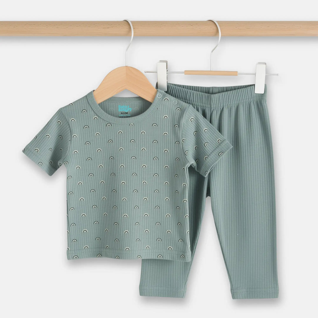 Babies Basic Ribbed Cotton Printed Short Sleeves T-shirt and Pyjama Set