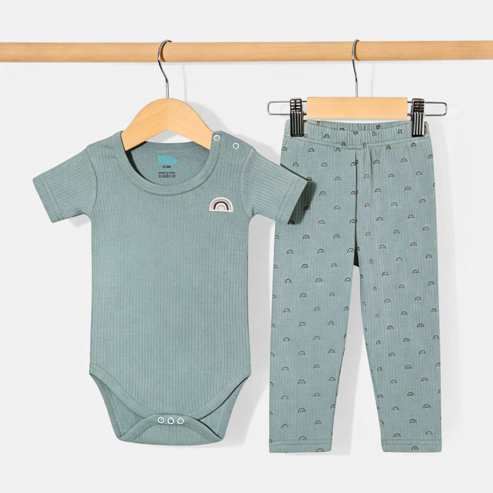 Babies Basic Ribbed Cotton Printed Short Sleeves T-shirt / Romper and Pyjama Set