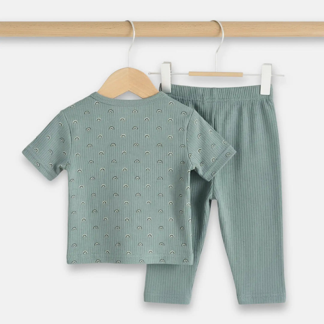 Babies Basic Ribbed Cotton Printed Short Sleeves T-shirt and Pyjama Set