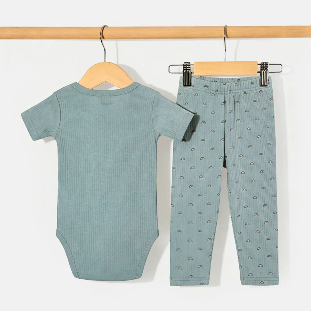 Babies Basic Ribbed Cotton Printed Short Sleeves T-shirt / Romper and Pyjama Set