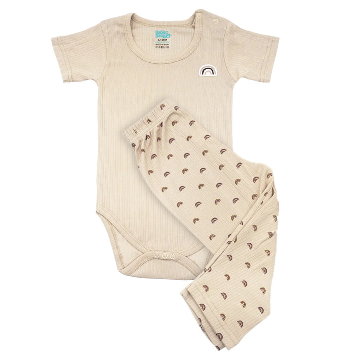 Babies Basic Ribbed Cotton Printed Short Sleeves T-shirt / Romper and Pyjama Set