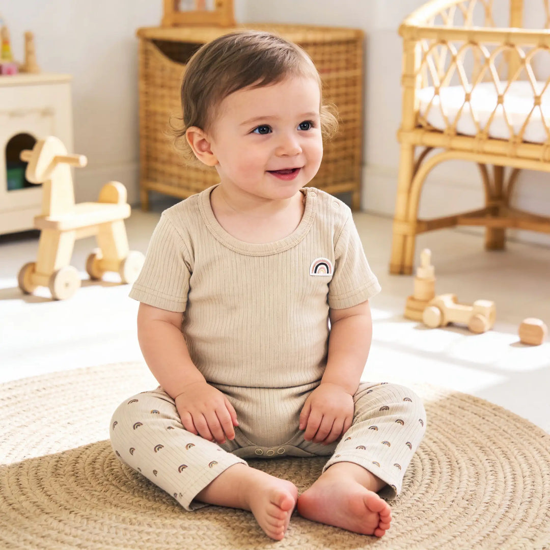 Babies Basic Ribbed Cotton Printed Short Sleeves T-shirt / Romper and Pyjama Set