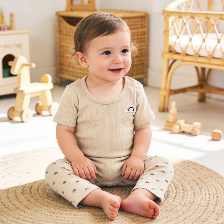 Babies Basic Ribbed Cotton Printed Short Sleeves T-shirt / Romper and Pyjama Set
