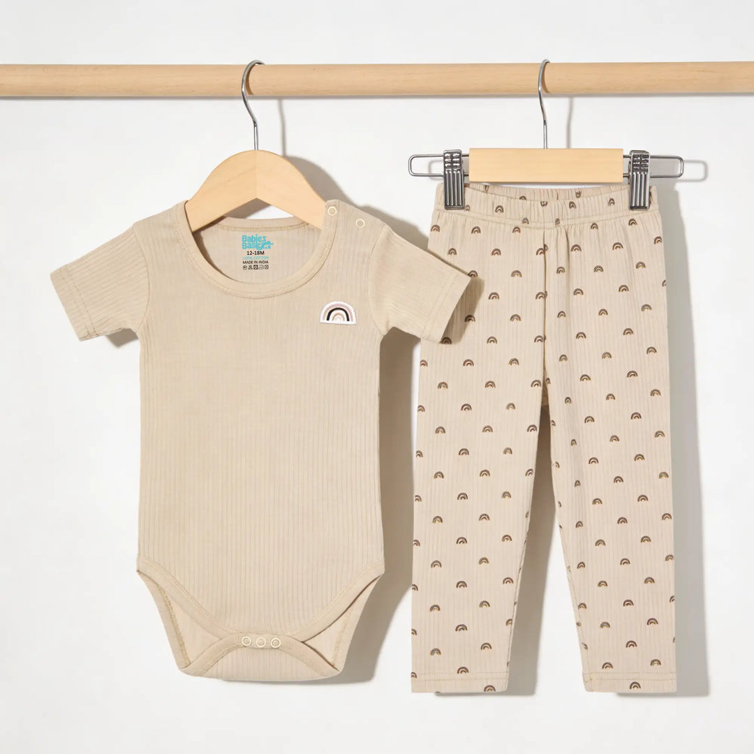 Babies Basic Ribbed Cotton Printed Short Sleeves T-shirt / Romper and Pyjama Set
