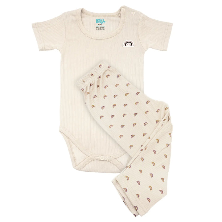 Babies Basic Ribbed Cotton Printed Short Sleeves T-shirt / Romper and Pyjama Set