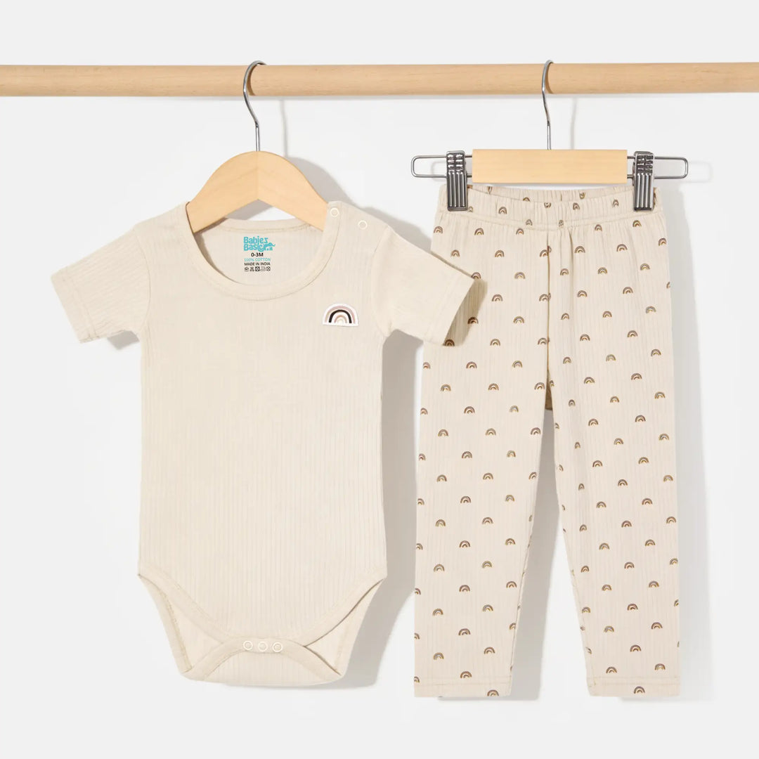 Babies Basic Ribbed Cotton Printed Short Sleeves T-shirt / Romper and Pyjama Set