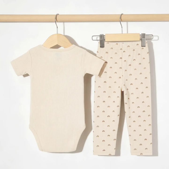 Babies Basic Ribbed Cotton Printed Short Sleeves T-shirt / Romper and Pyjama Set