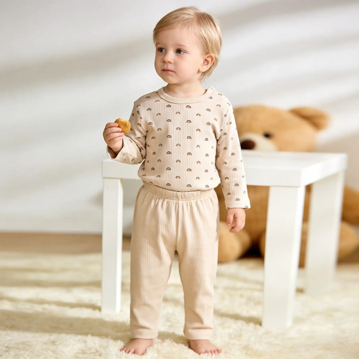Babies Basic Ribbed Cotton Printed Short Sleeves T-shirt and Pyjama Set