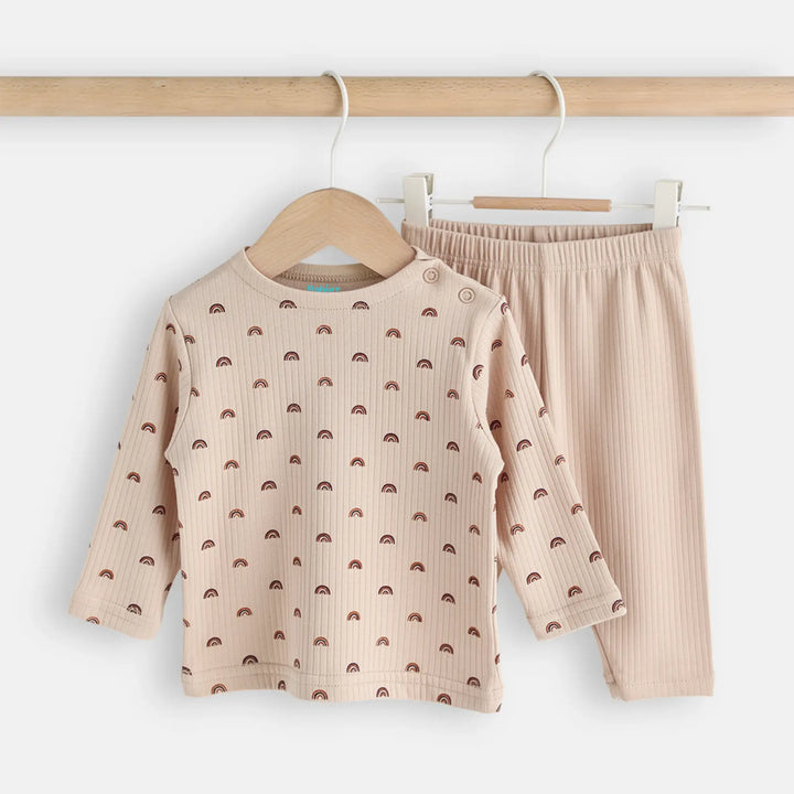 Babies Basic Ribbed Cotton Printed Short Sleeves T-shirt and Pyjama Set