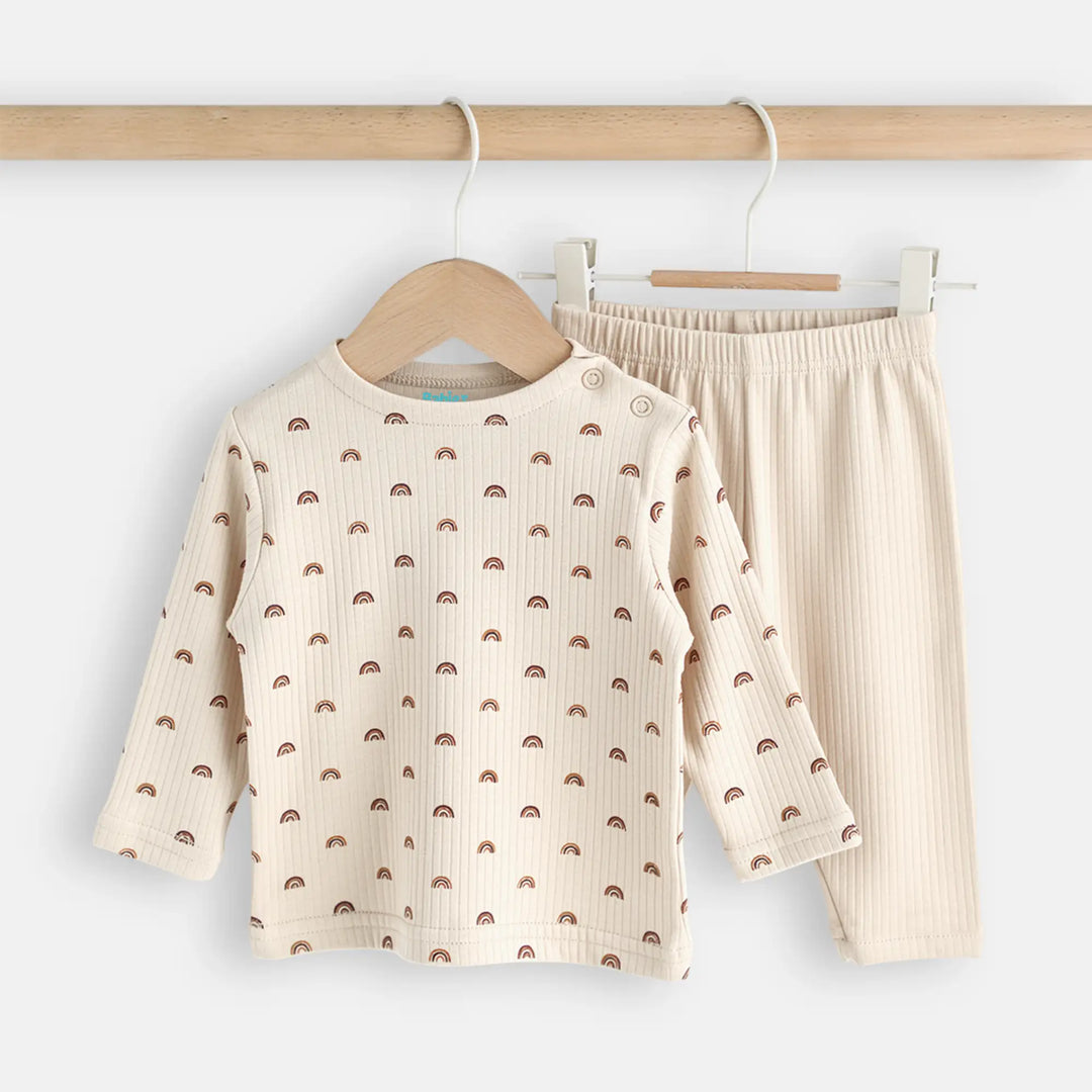 Babies Basic Ribbed Cotton Printed Short Sleeves T-shirt and Pyjama Set