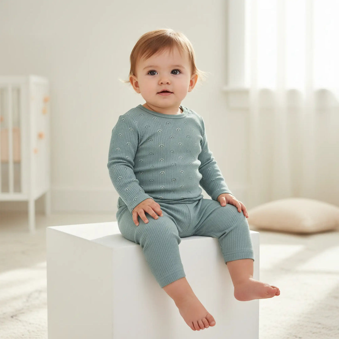 Babies Basic Ribbed Cotton Printed Short Sleeves T-shirt and Pyjama Set