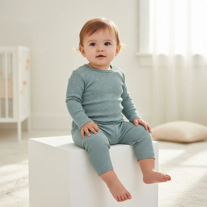 Babies Basic Ribbed Cotton Printed Short Sleeves T-shirt and Pyjama Set