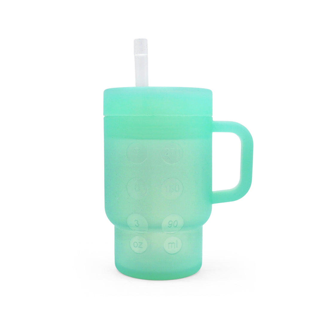 Babies Basic Silicone Tumbler Sippy Cup for Toddlers with Straw and Handle, 360ml, Spill Proof, Clear Design - Green