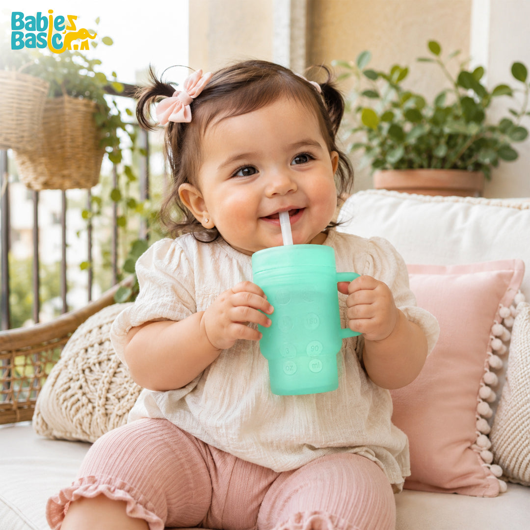 Babies Basic Silicone Tumbler Sippy Cup for Toddlers with Straw and Handle, 360ml, Spill Proof, Clear Design - Green