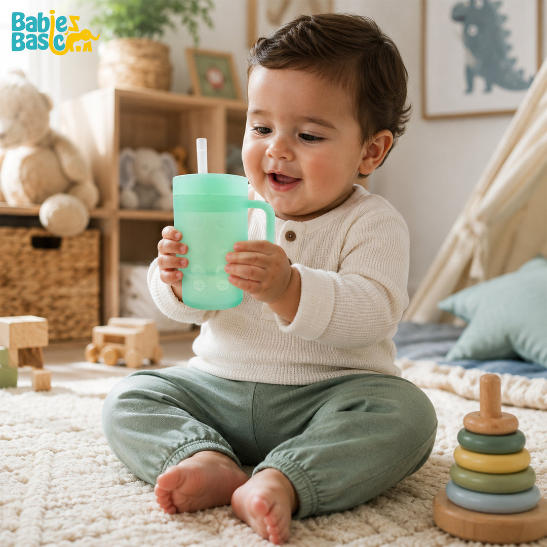 Babies Basic Silicone Tumbler Sippy Cup for Toddlers with Straw and Handle, 360ml, Spill Proof, Clear Design - Green