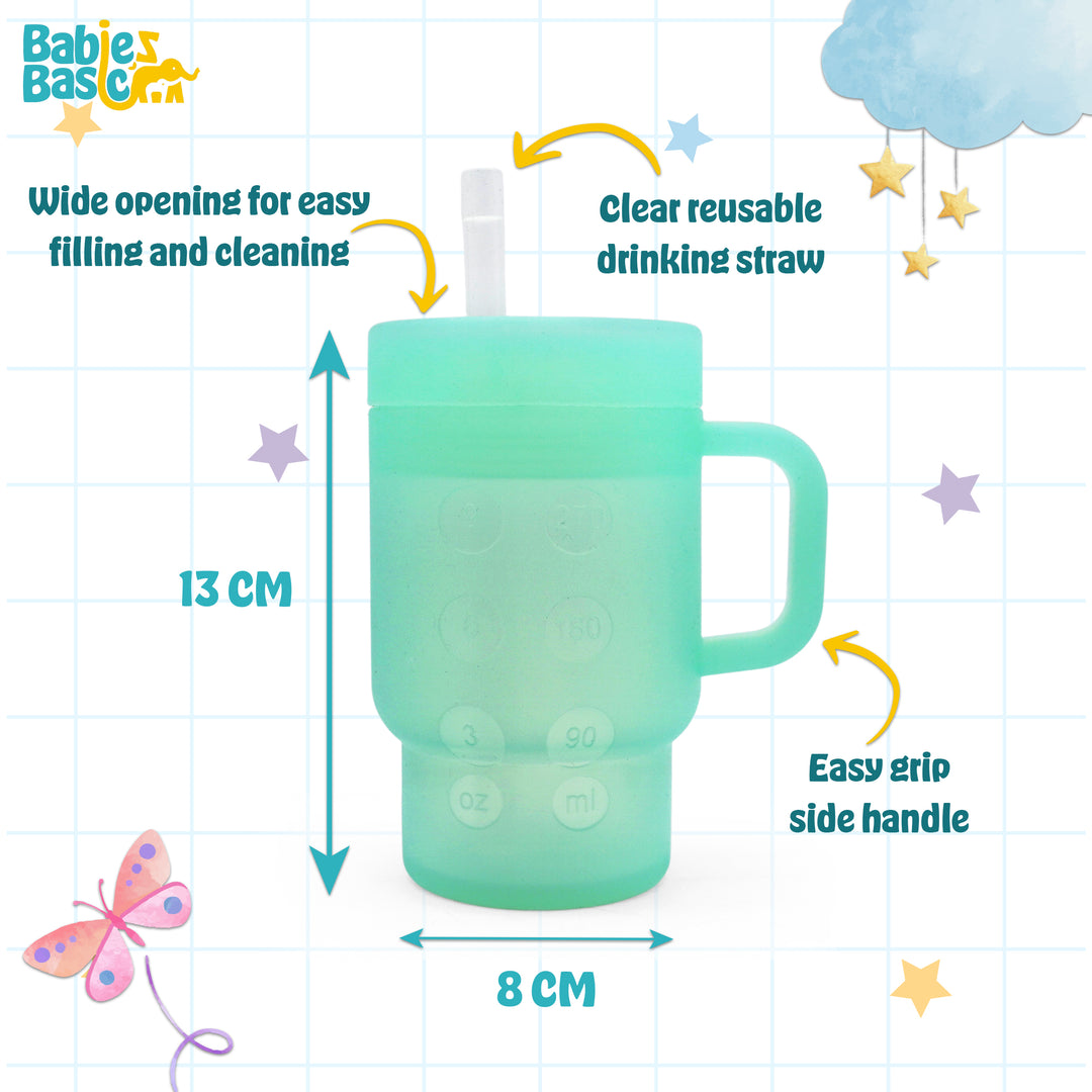 Babies Basic Silicone Tumbler Sippy Cup for Toddlers with Straw and Handle, 360ml, Spill Proof, Clear Design - Green