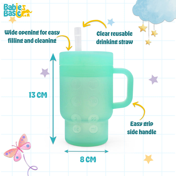 Babies Basic Silicone Tumbler Sippy Cup for Toddlers with Straw and Handle, 360ml, Spill Proof, Clear Design - Green