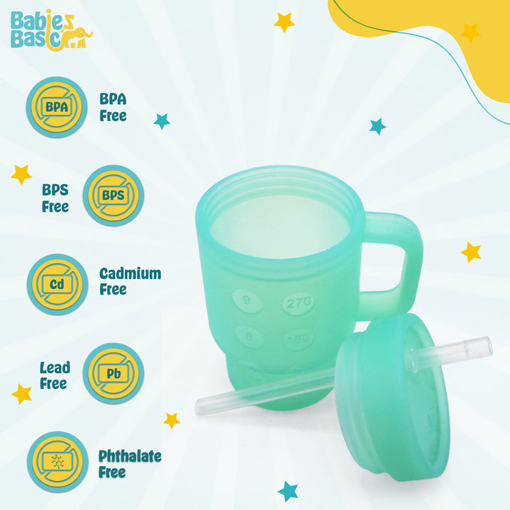 Babies Basic Silicone Tumbler Sippy Cup for Toddlers with Straw and Handle, 360ml, Spill Proof, Clear Design - Green