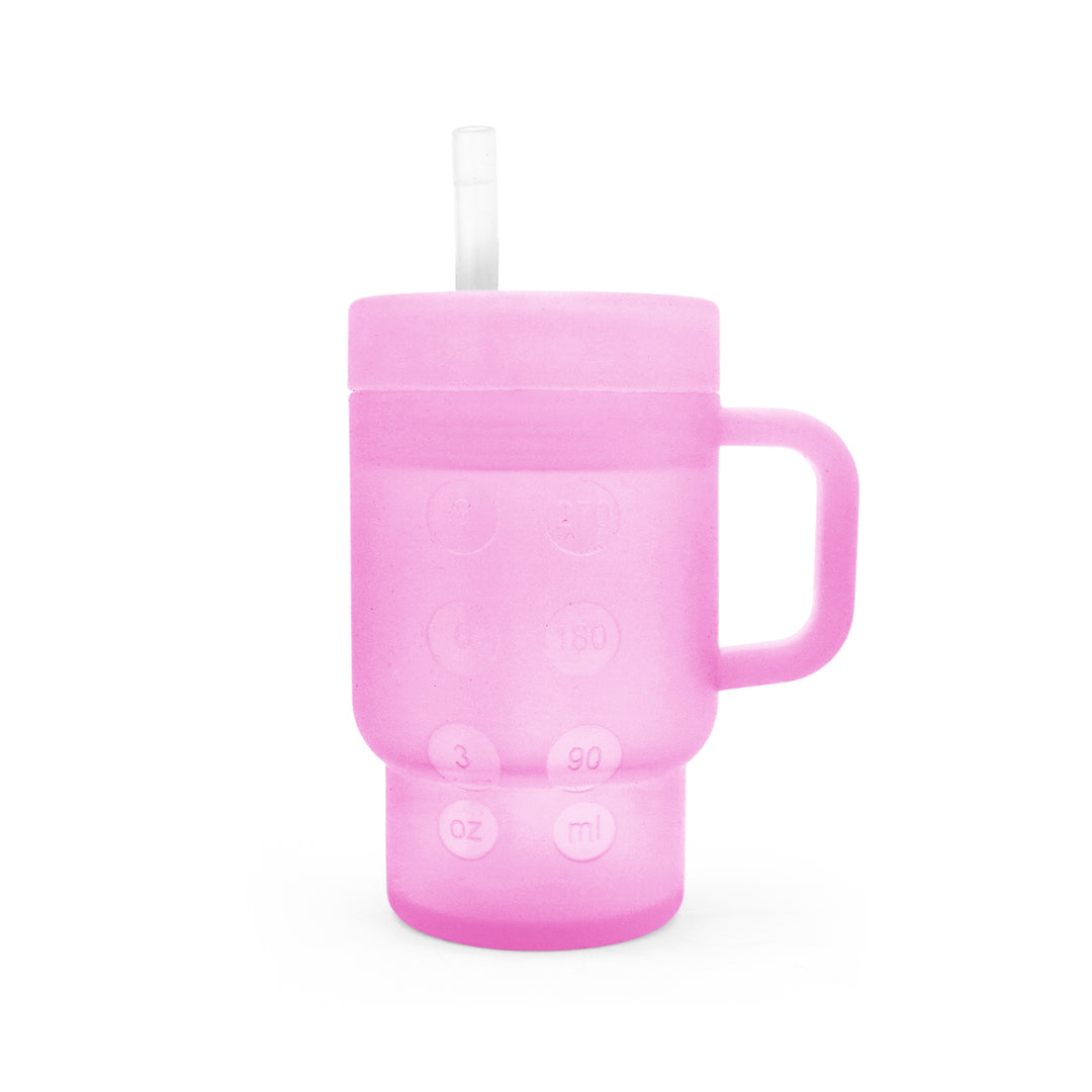 Babies Basic Silicone Tumbler Sippy Cup for Toddlers with Straw and Handle, 360ml, Spill Proof, Clear Design - Pink