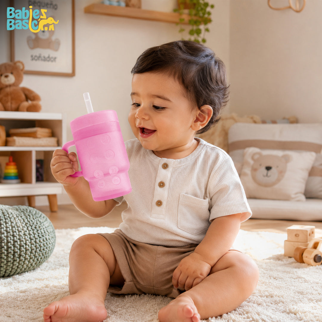 Babies Basic Silicone Tumbler Sippy Cup for Toddlers with Straw and Handle, 360ml, Spill Proof, Clear Design - Pink