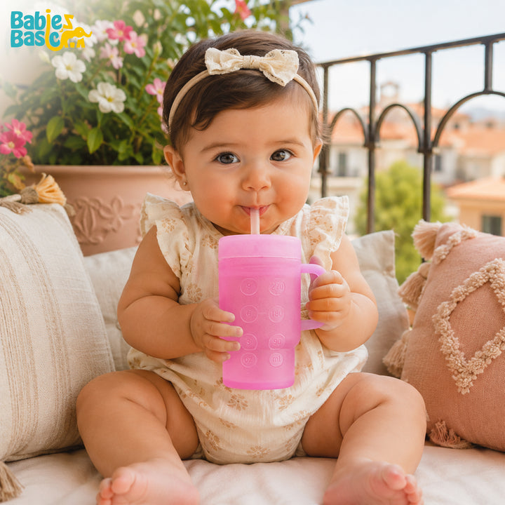 Babies Basic Silicone Tumbler Sippy Cup for Toddlers with Straw and Handle, 360ml, Spill Proof, Clear Design - Pink