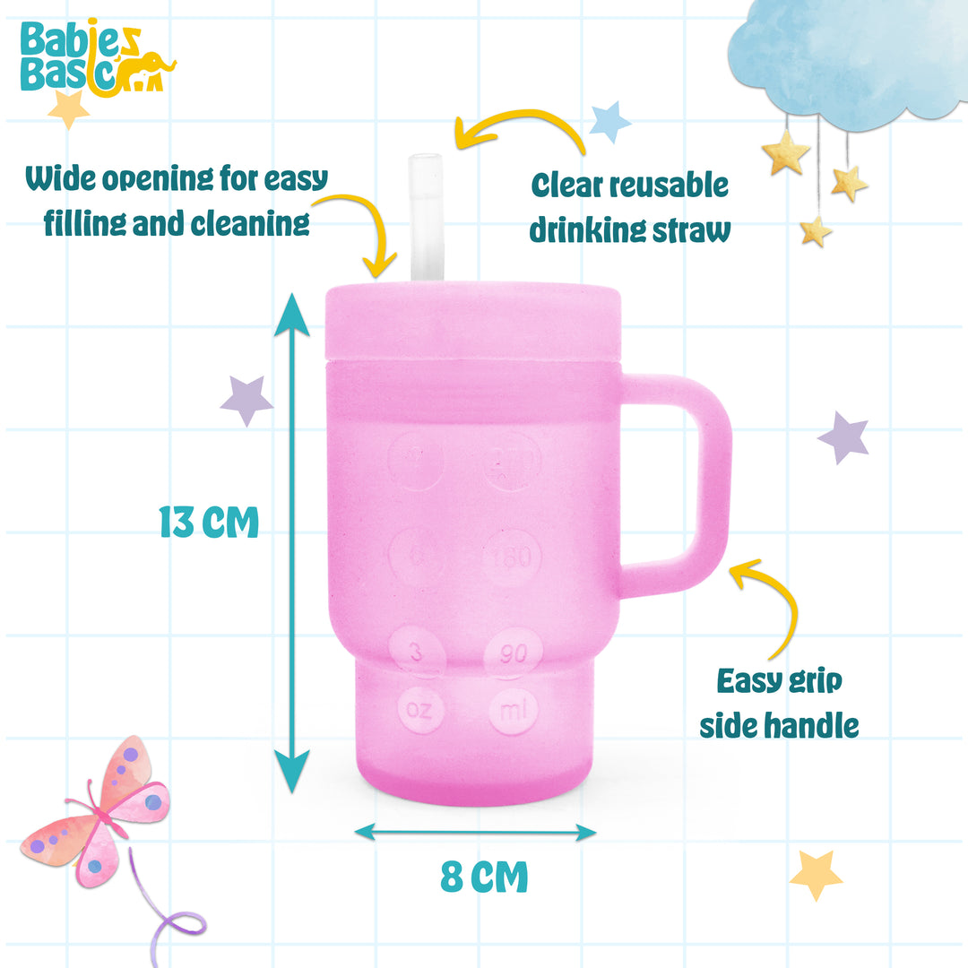 Babies Basic Silicone Tumbler Sippy Cup for Toddlers with Straw and Handle, 360ml, Spill Proof, Clear Design - Pink