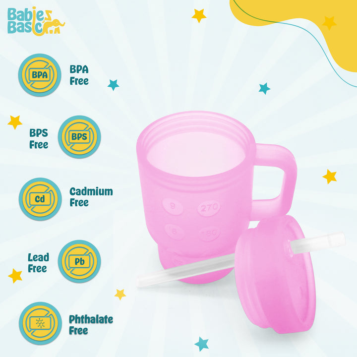 Babies Basic Silicone Tumbler Sippy Cup for Toddlers with Straw and Handle, 360ml, Spill Proof, Clear Design - Pink