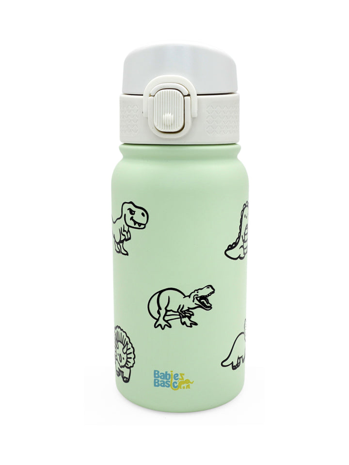 Babies Basic Kids Stainless Steel Water Bottle with Straw - 350ml – Dinosaur Themed - Green