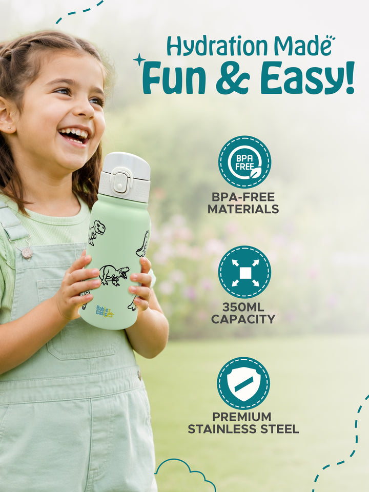 Babies Basic Insulated Bento Lunchbox with Stainless Steel Bottle, 3+ Years - Green - Dinosaur