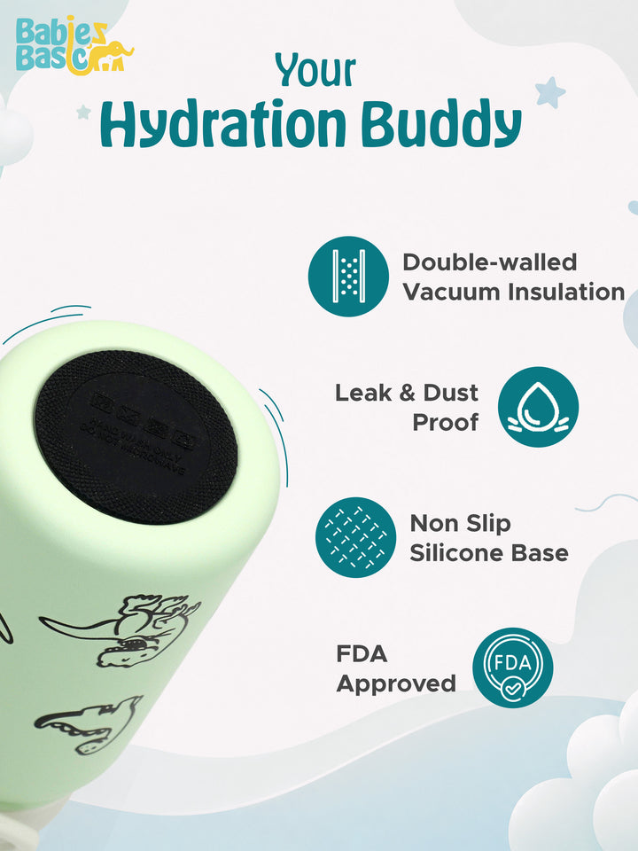 Babies Basic Kids Stainless Steel Water Bottle with Straw - 350ml – Dinosaur Themed - Green