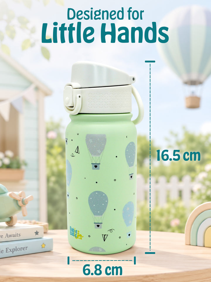 Babies Basic Kids Stainless Steel Water Bottle with Straw - 350ml – Balloon Themed - Green