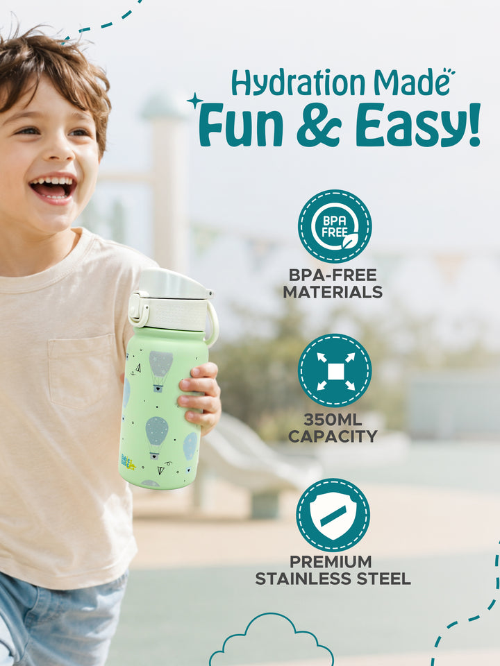 Babies Basic Kids Stainless Steel Water Bottle with Straw - 350ml – Balloon Themed - Green