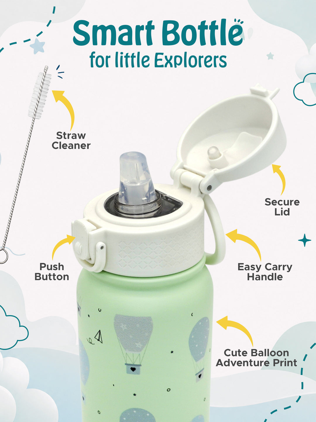 Babies Basic Kids Stainless Steel Water Bottle with Straw - 350ml – Balloon Themed - Green