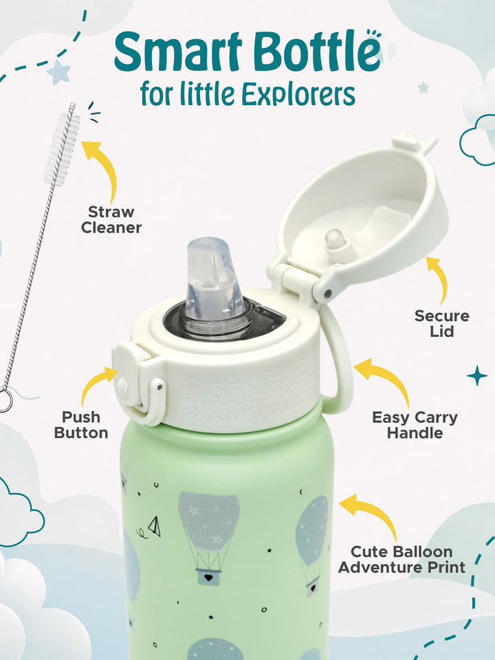 Babies Basic Kids Stainless Steel Water Bottle with Straw - 350ml – Balloon Themed - Green